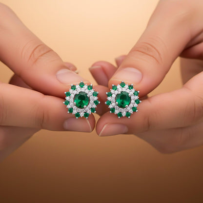 Silver Cluster Green Circle Studs
