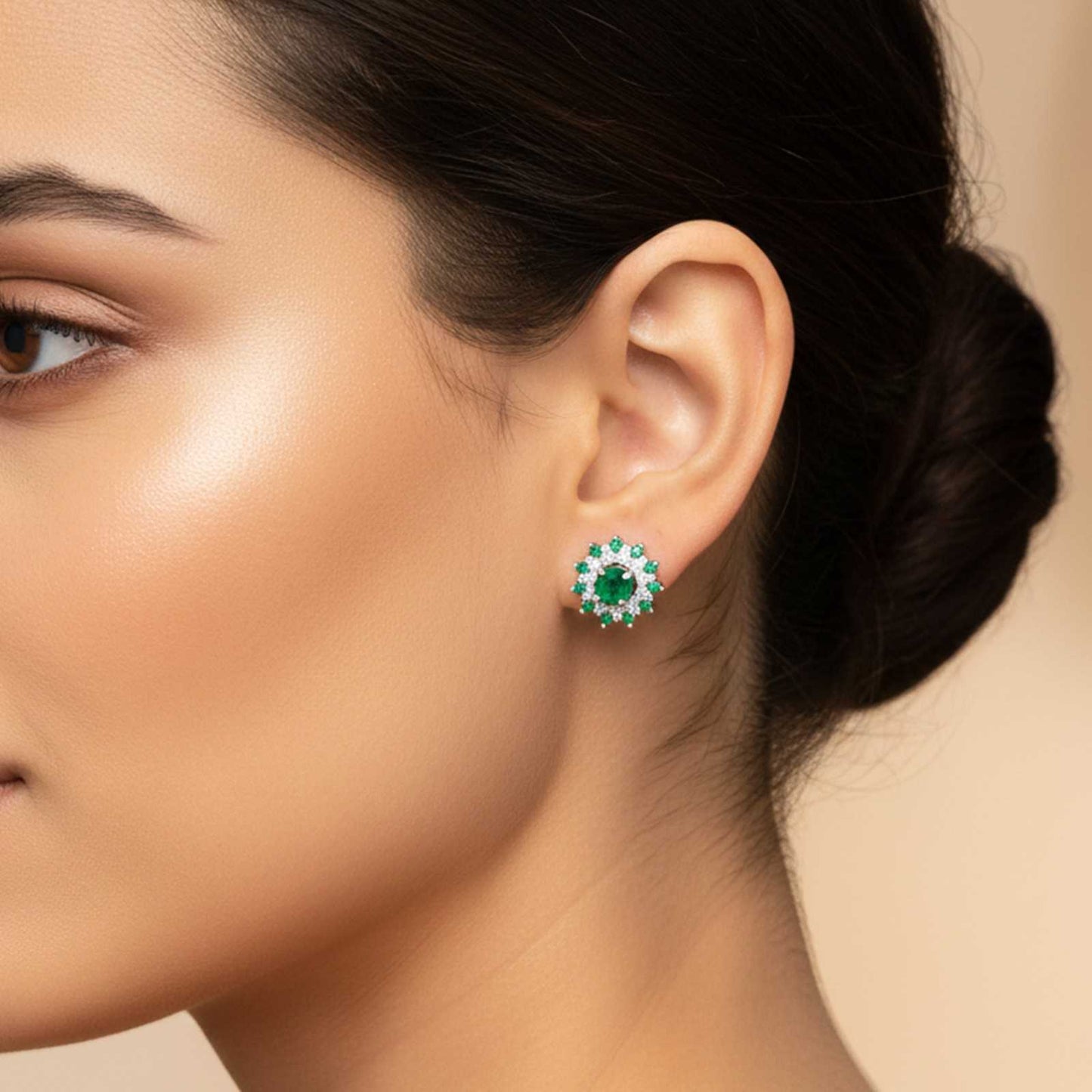 Silver Cluster Green Circle Studs