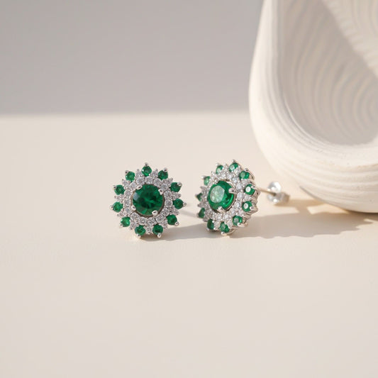 Silver Cluster Green Circle Studs
