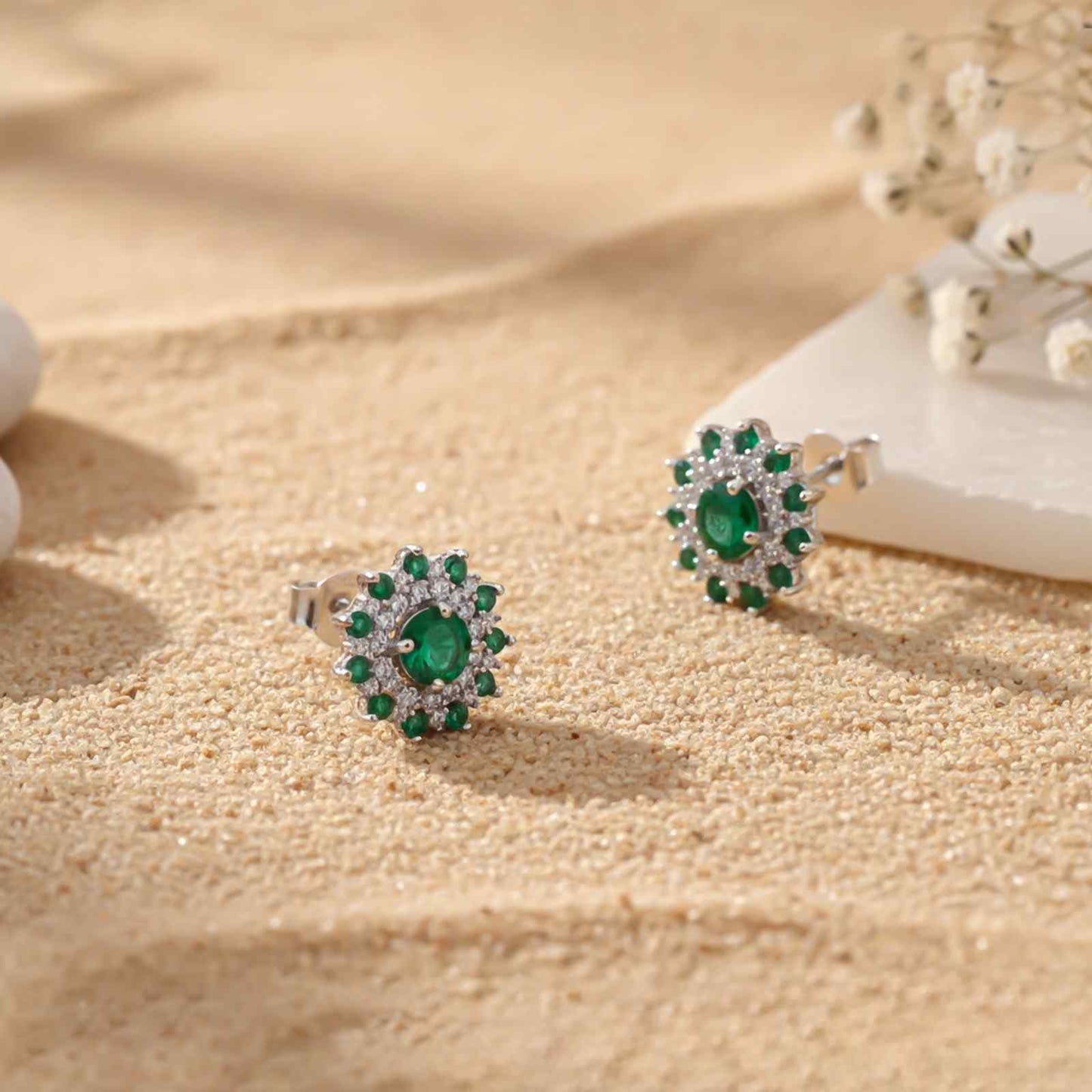 Silver Cluster Green Circle Studs