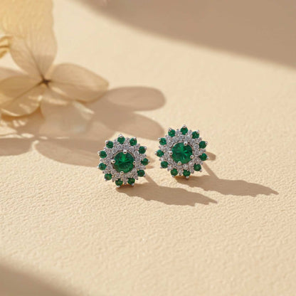 Silver Cluster Green Circle Studs
