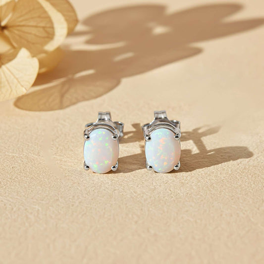 Silver Shiny Opal Stud Earrings