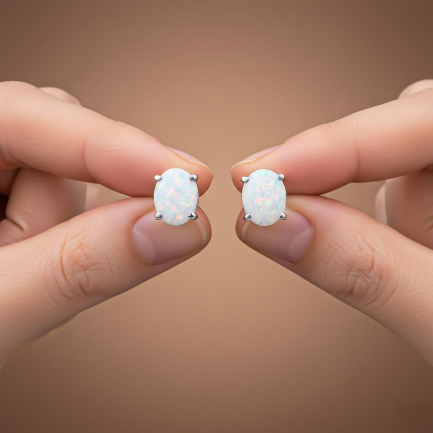 Silver Shiny Opal Stud Earrings