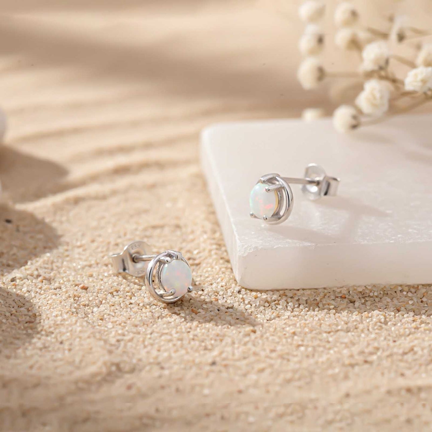 Silver Classy Solitaire Opal Studs