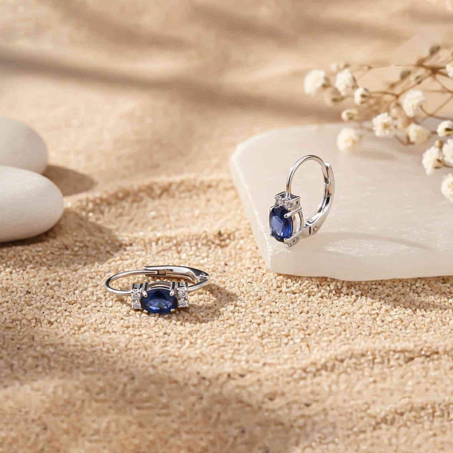 Silver Blue Oval Drop Earrings