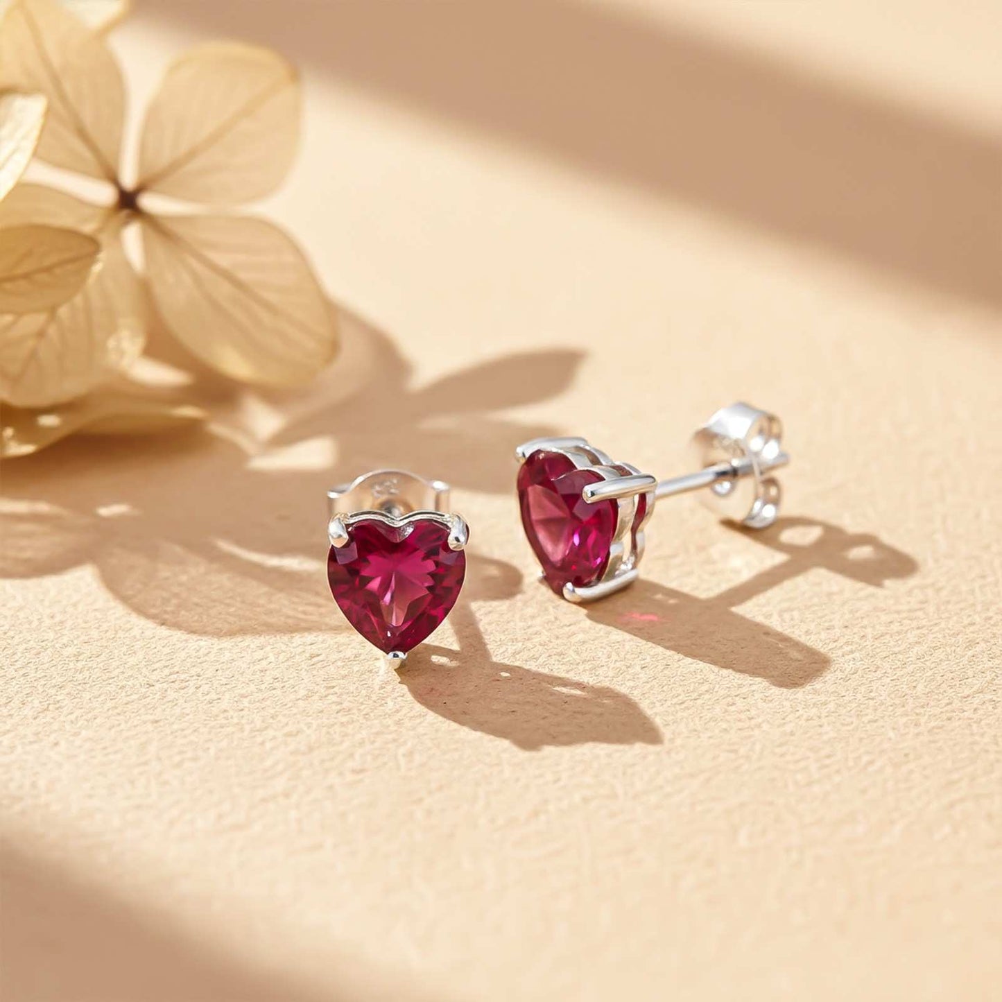 Silver Heart Red Ruby Stud Earring