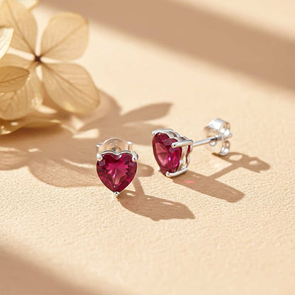 Silver Heart Red Ruby Stud Earring