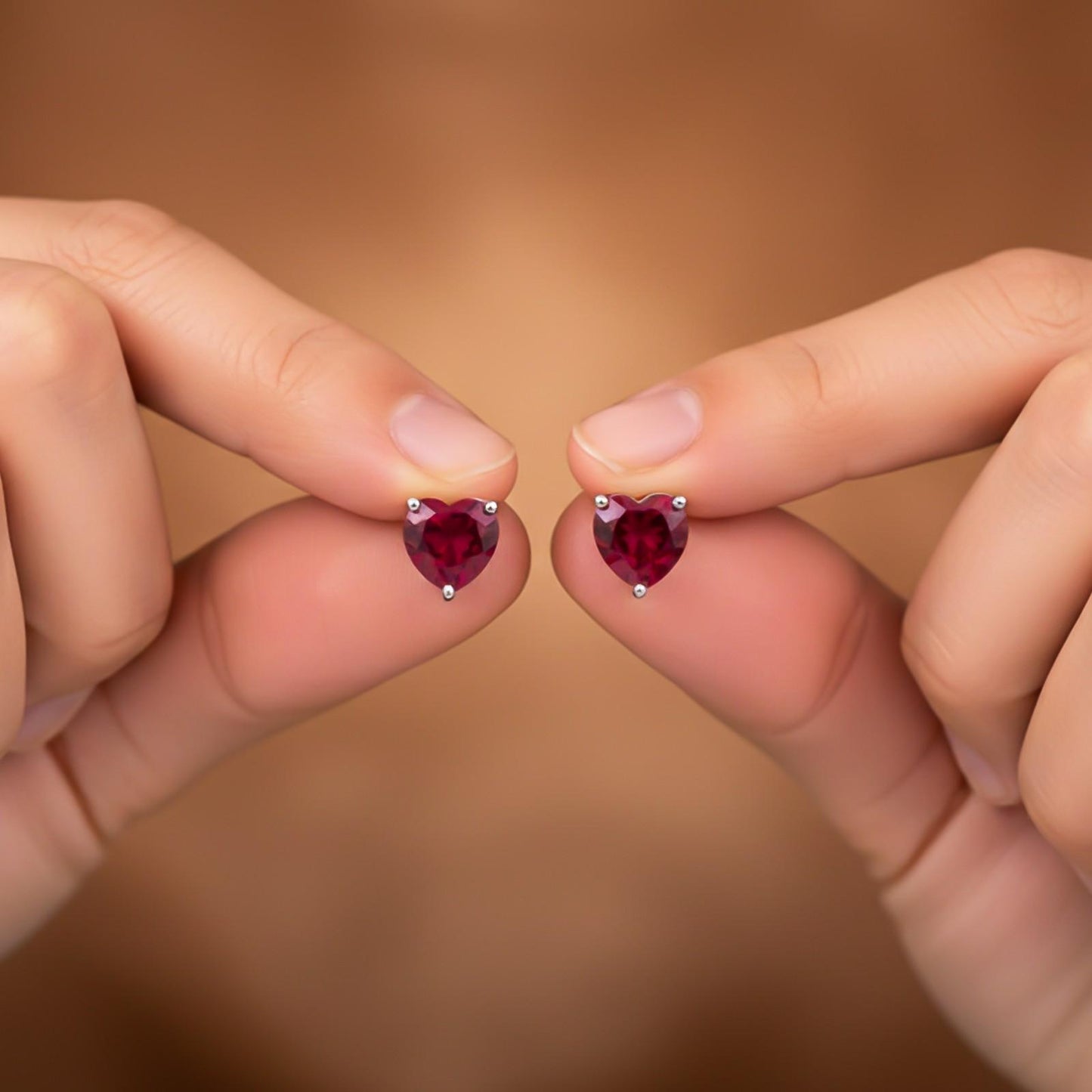 Silver Heart Red Ruby Stud Earring
