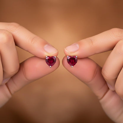 Silver Heart Red Ruby Stud Earring