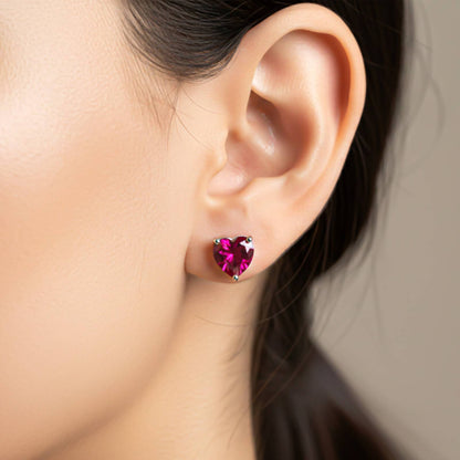 Silver Heart Red Ruby Stud Earring
