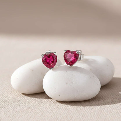 Silver Heart Red Ruby Stud Earring