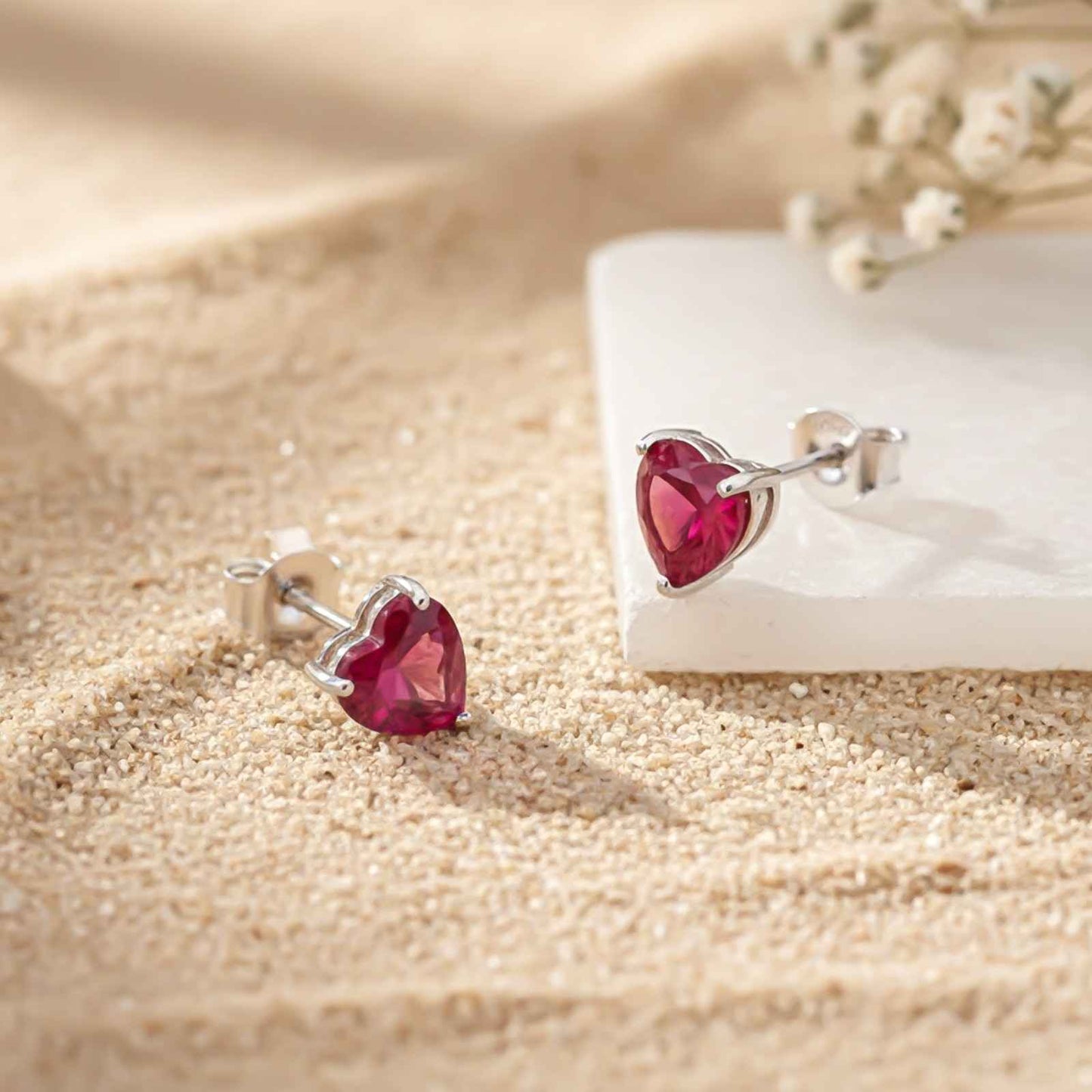 Silver Heart Red Ruby Stud Earring
