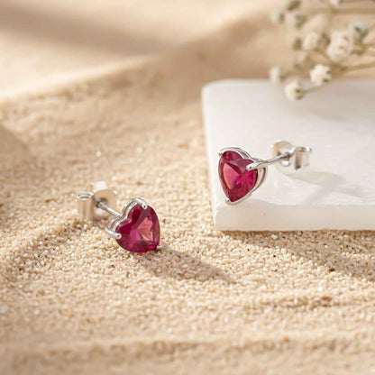 Silver Heart Red Ruby Stud Earring