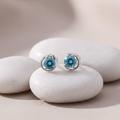 Silver Round Blue Topaz Stud Earring