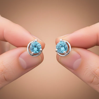 Silver Round Blue Topaz Stud Earring
