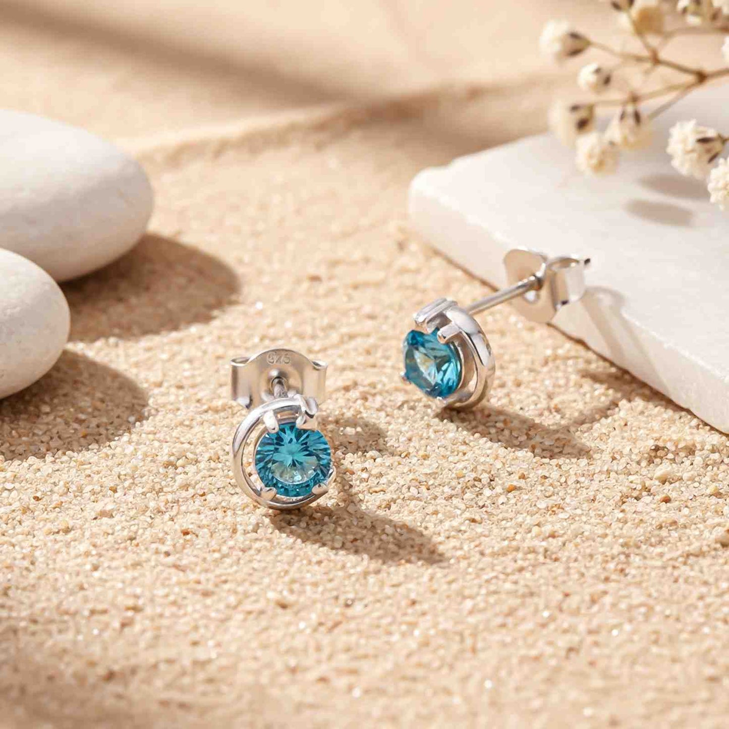Silver Round Blue Topaz Stud Earring