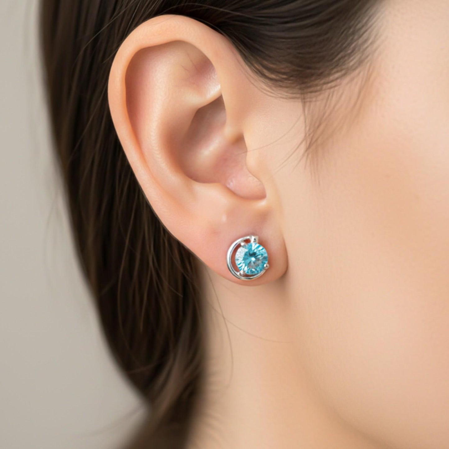 Silver Round Blue Topaz Stud Earring