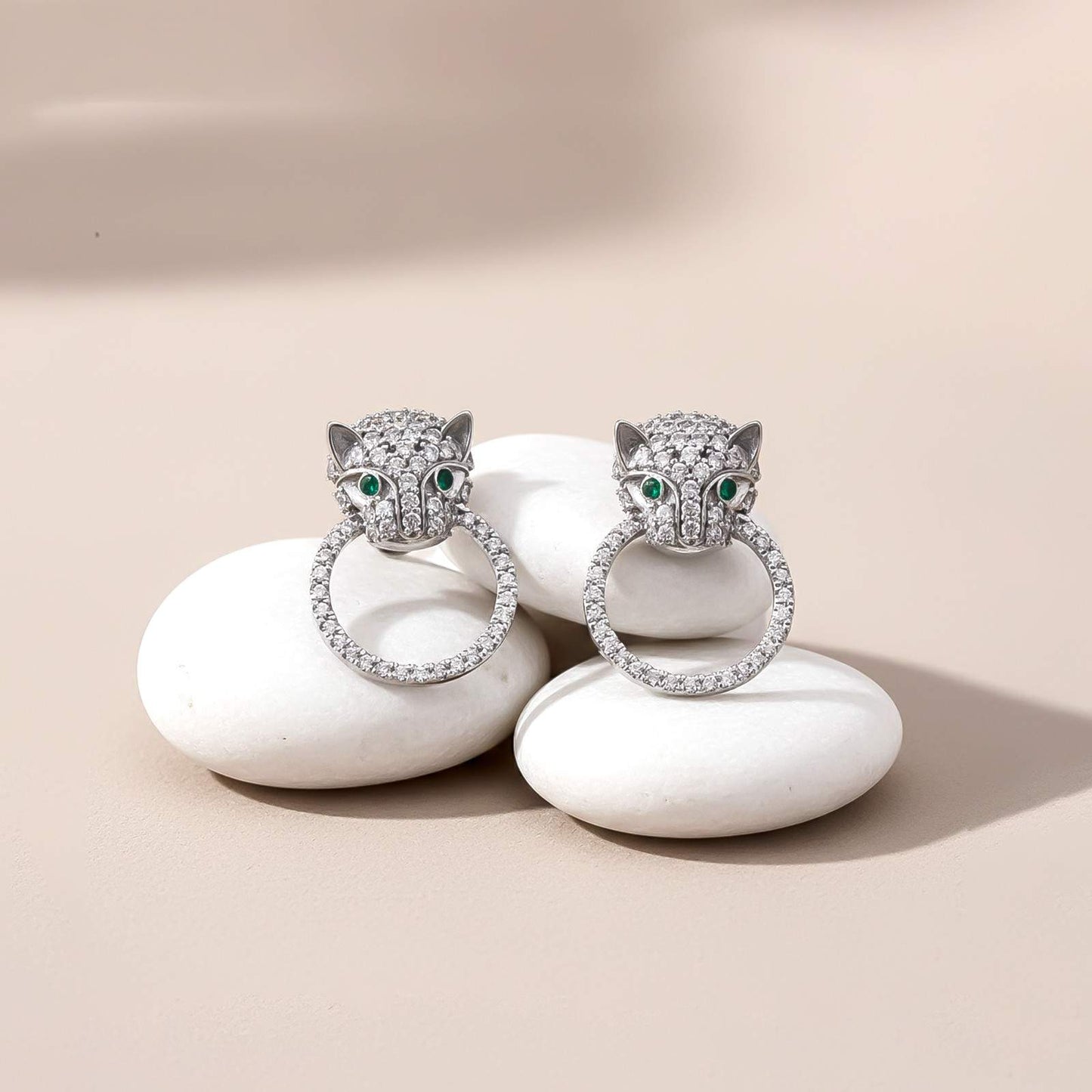 Silver Panther Face Shape Hoop Earring