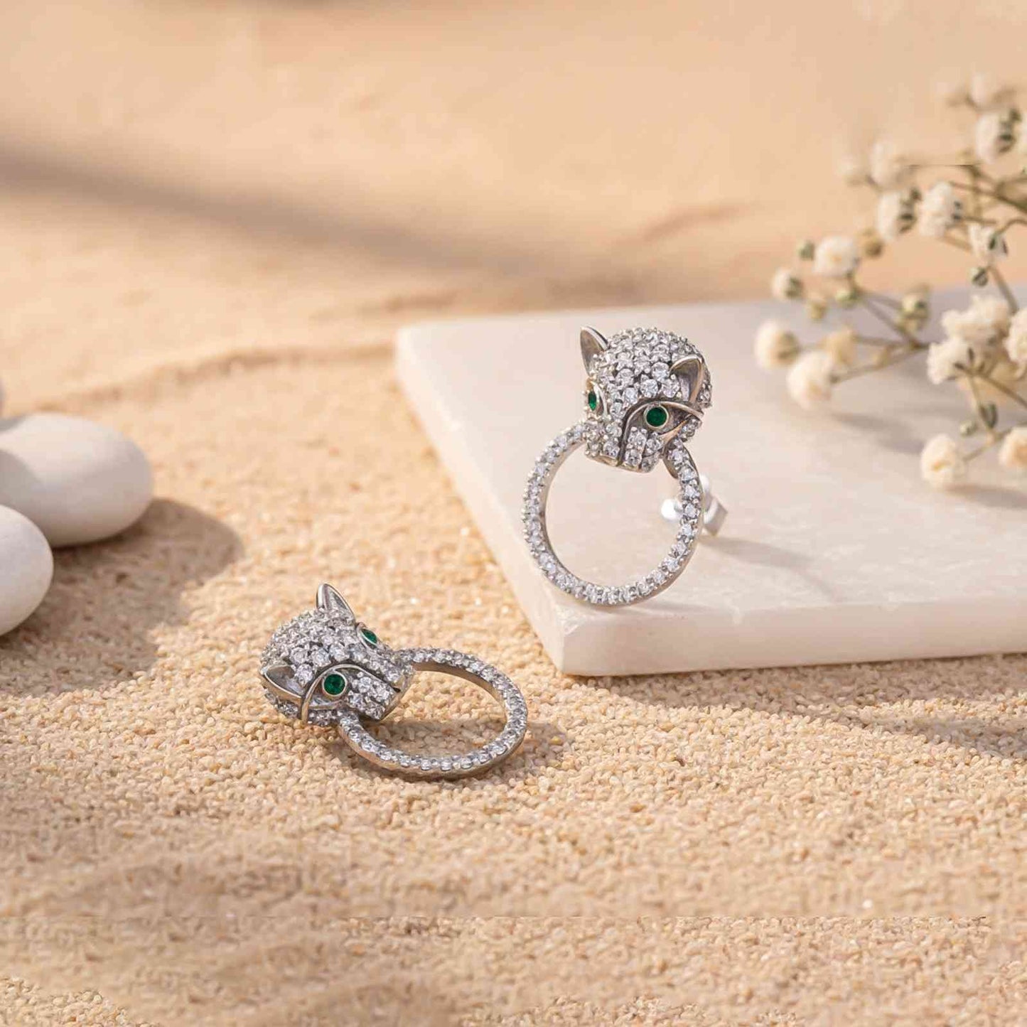 Silver Panther Face Shape Hoop Earring