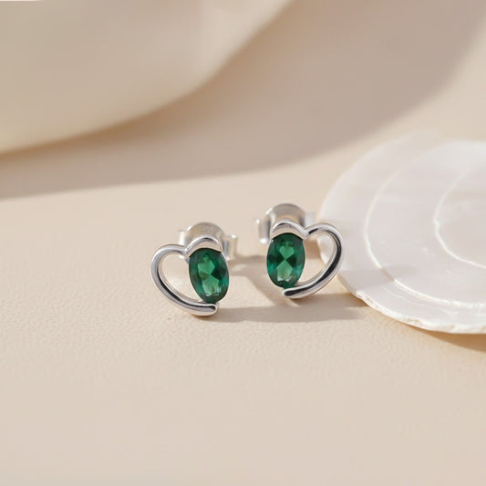 Silver Green Emerald Heart Love Stud