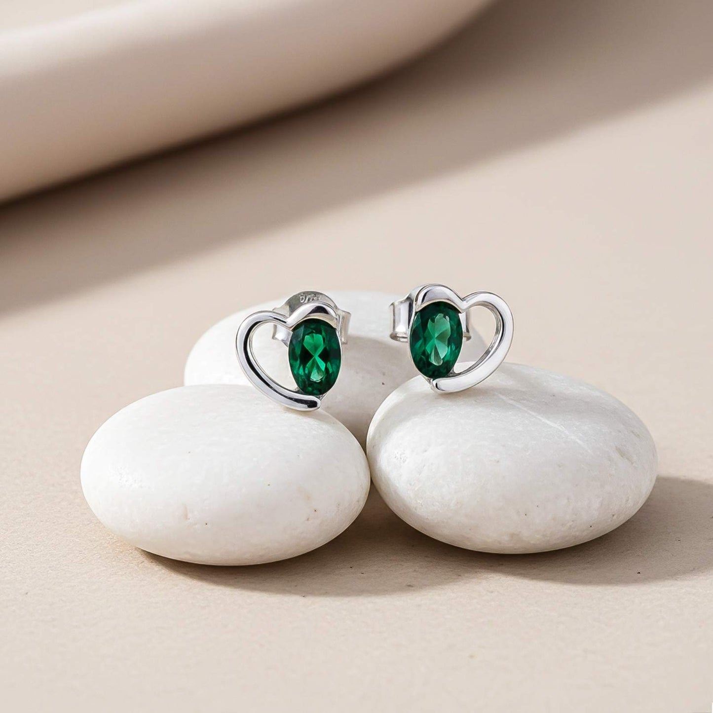 Silver Green Emerald Heart Love Stud