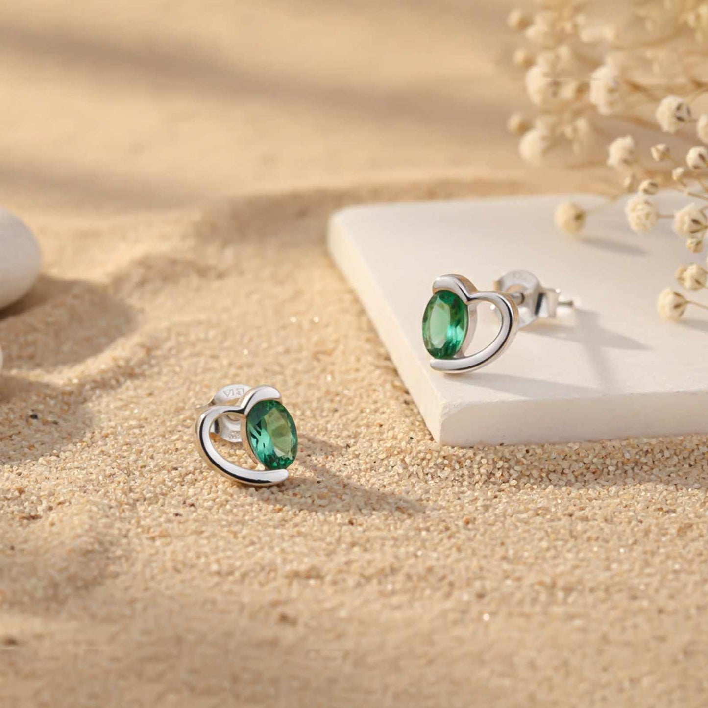 Silver Green Emerald Heart Love Stud