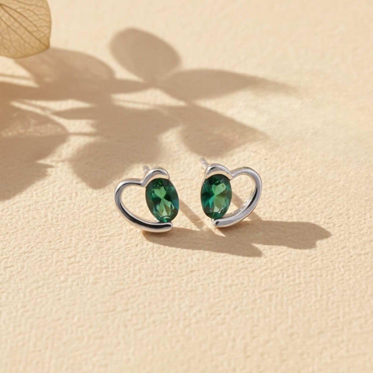 Silver Green Emerald Heart Love Stud