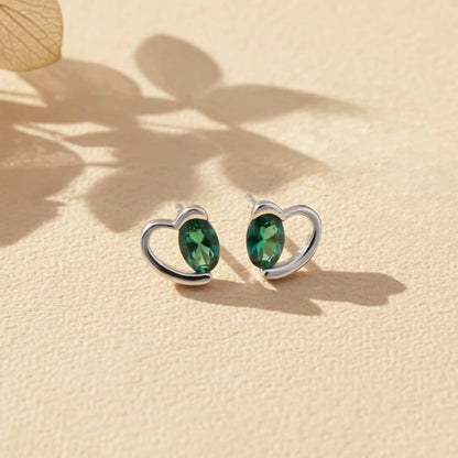 Silver Green Emerald Heart Love Stud