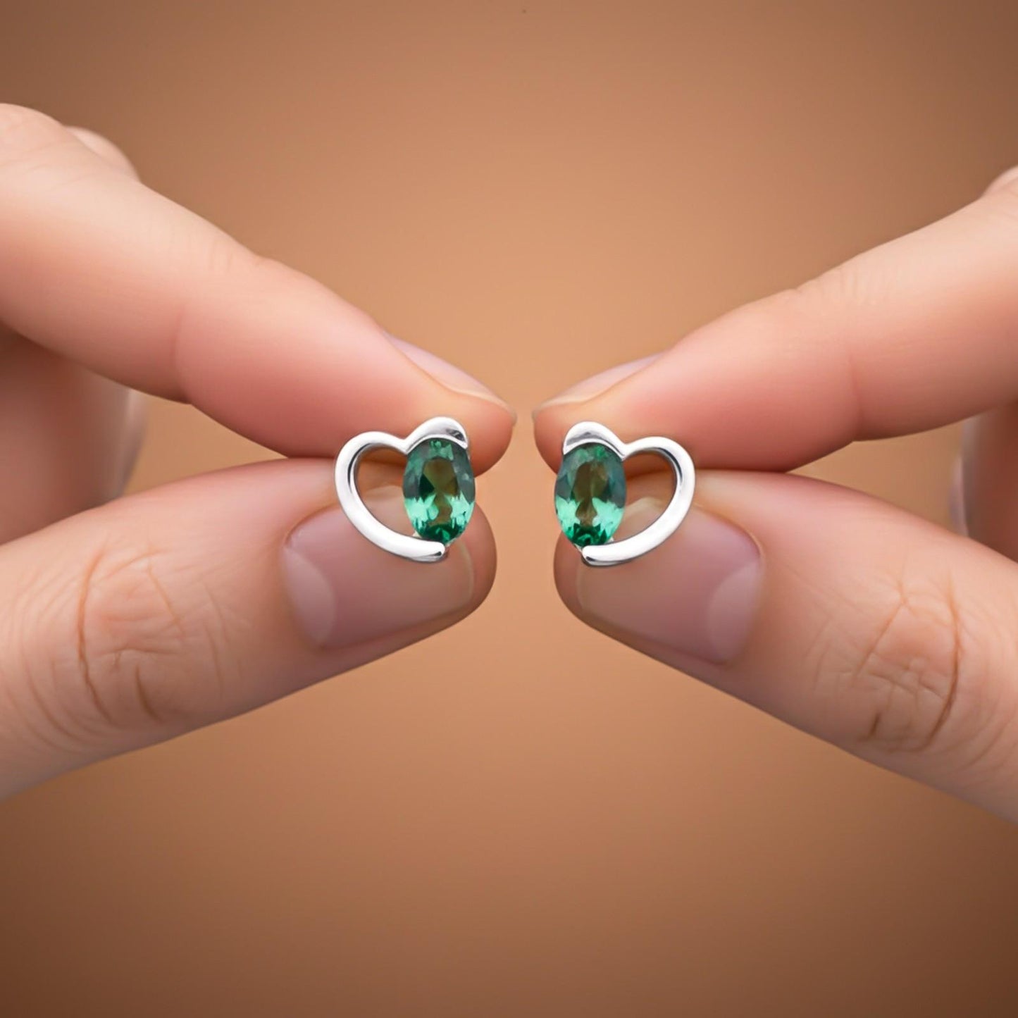 Silver Green Emerald Heart Love Stud