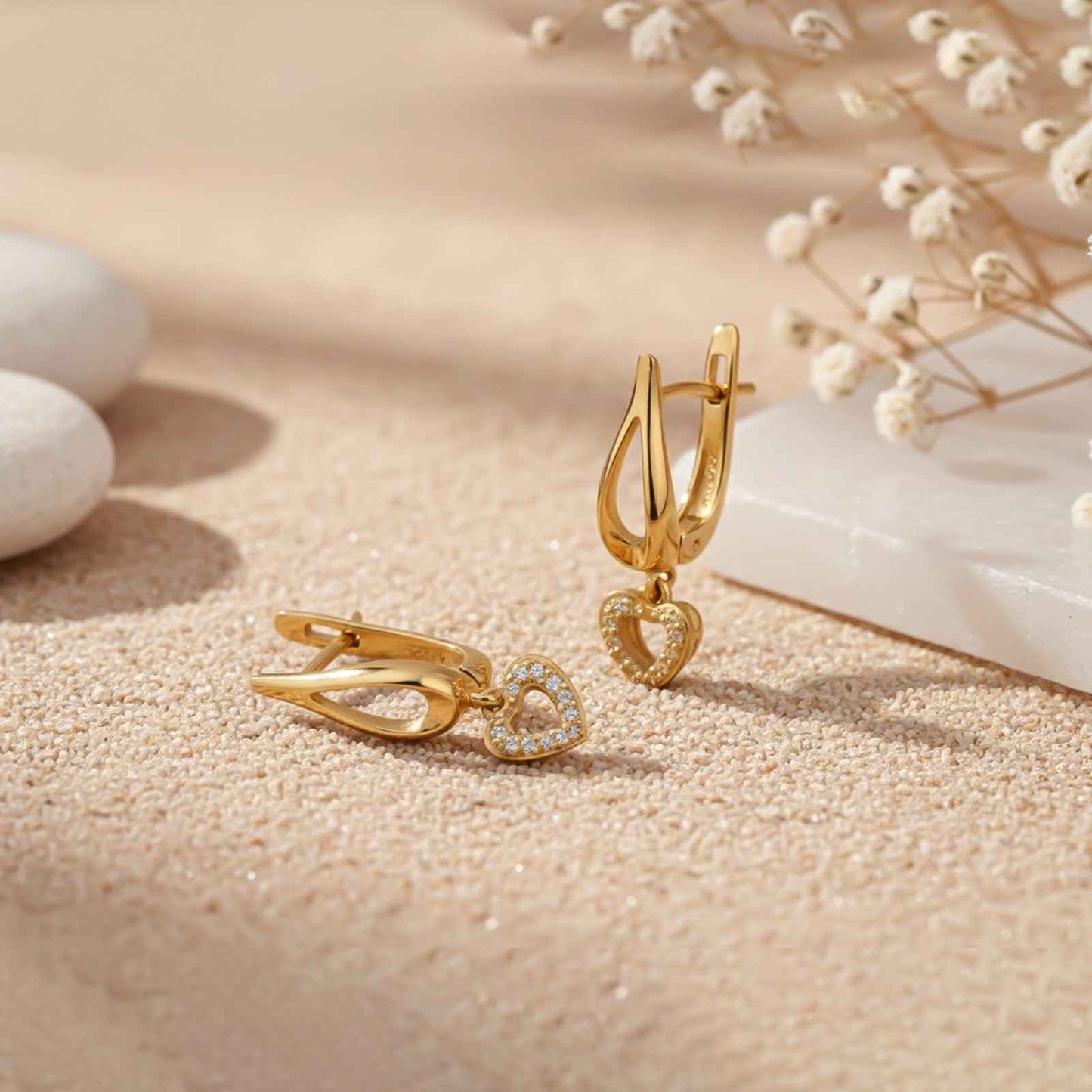 Sterling Silver Heart Drop Gold Earrings