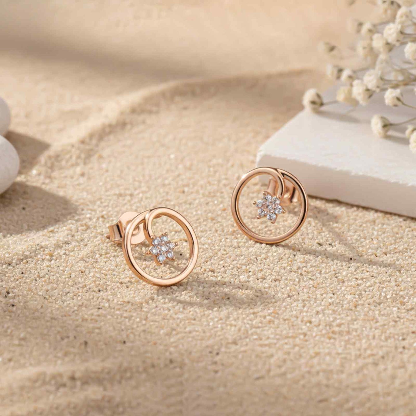 Rose Gold Circle Casual Flower Stud Earrings