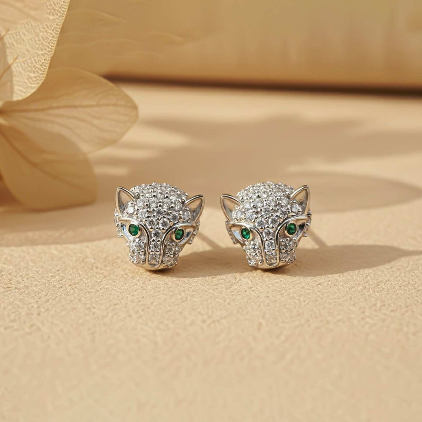 Silver Green Panther Stud Earrings