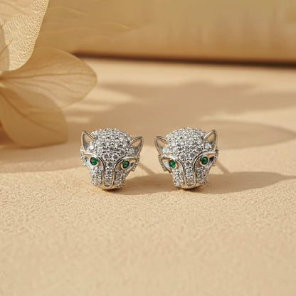Silver Green Panther Stud Earrings