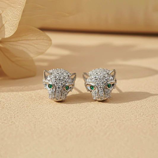 Silver Green Panther Stud Earrings
