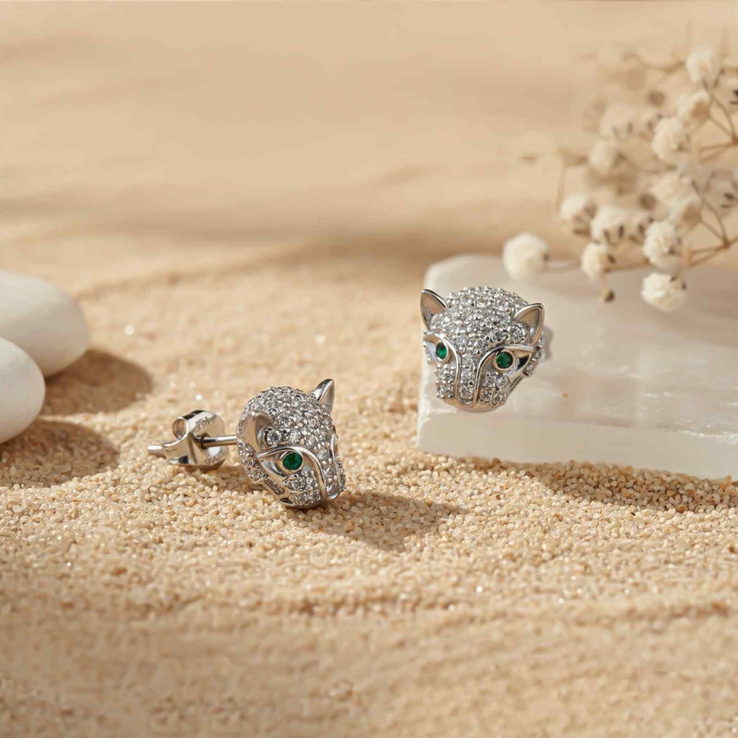 Silver Green Panther Stud Earrings