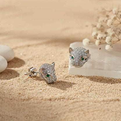 Silver Green Panther Stud Earrings