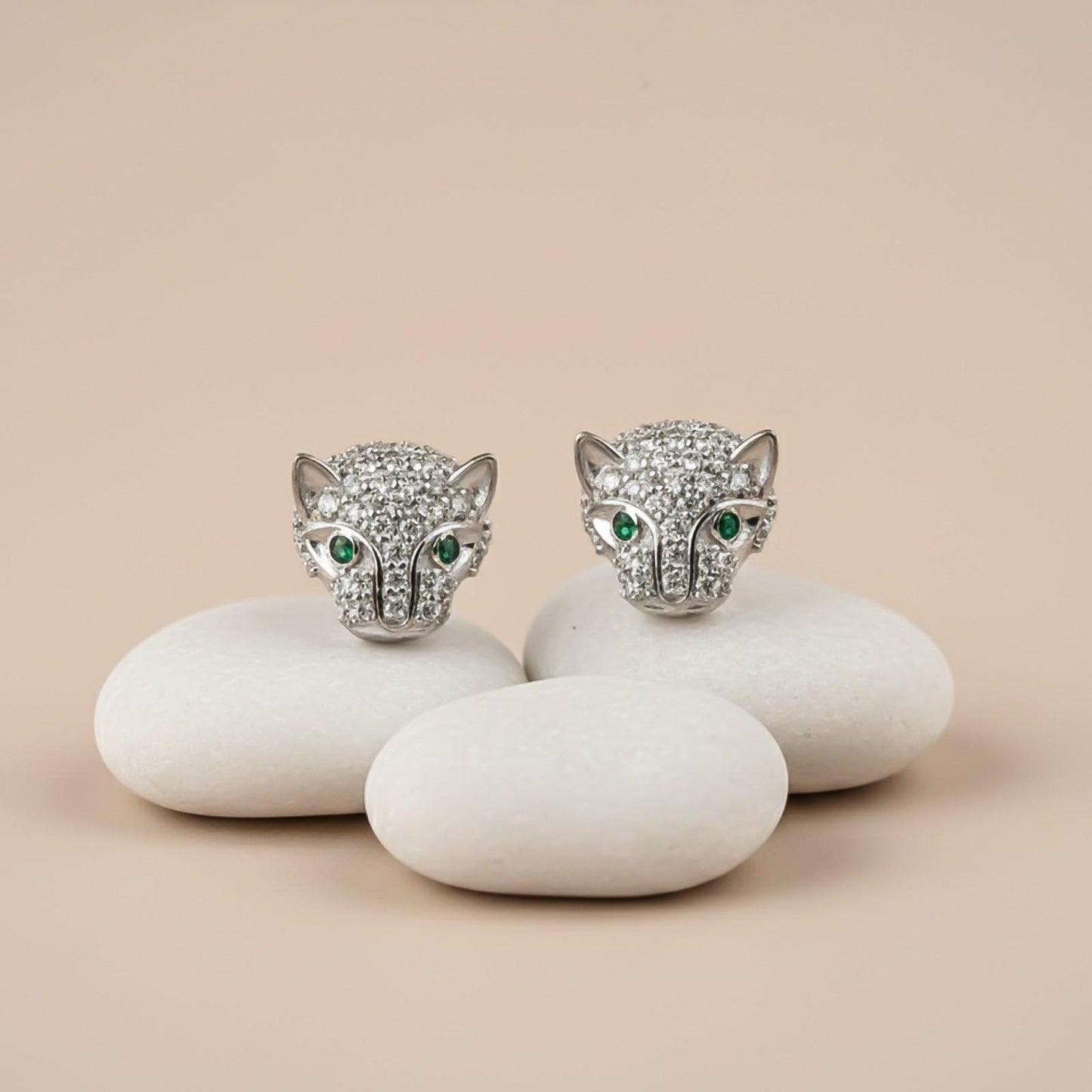 Silver Green Panther Stud Earrings