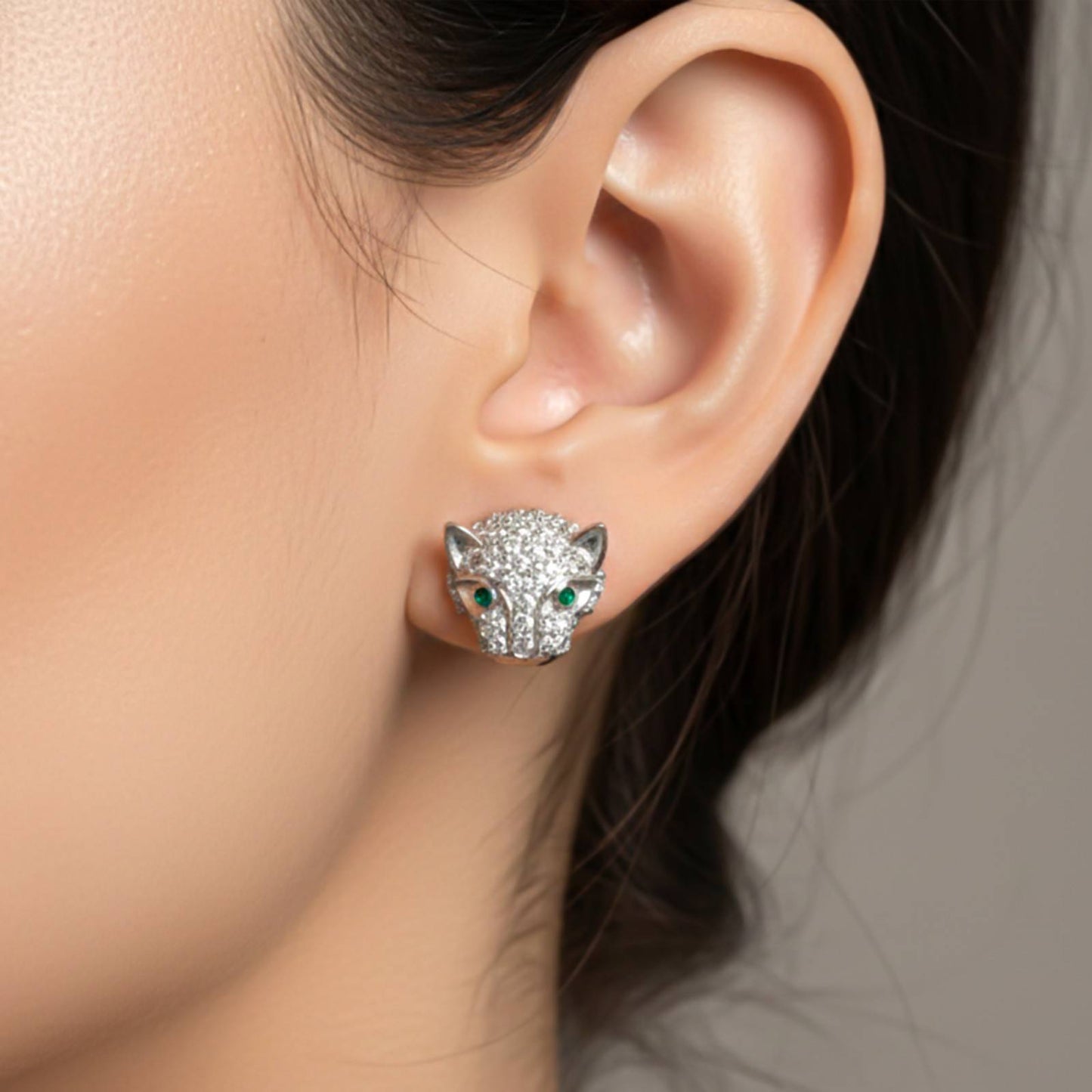 Silver Green Panther Stud Earrings