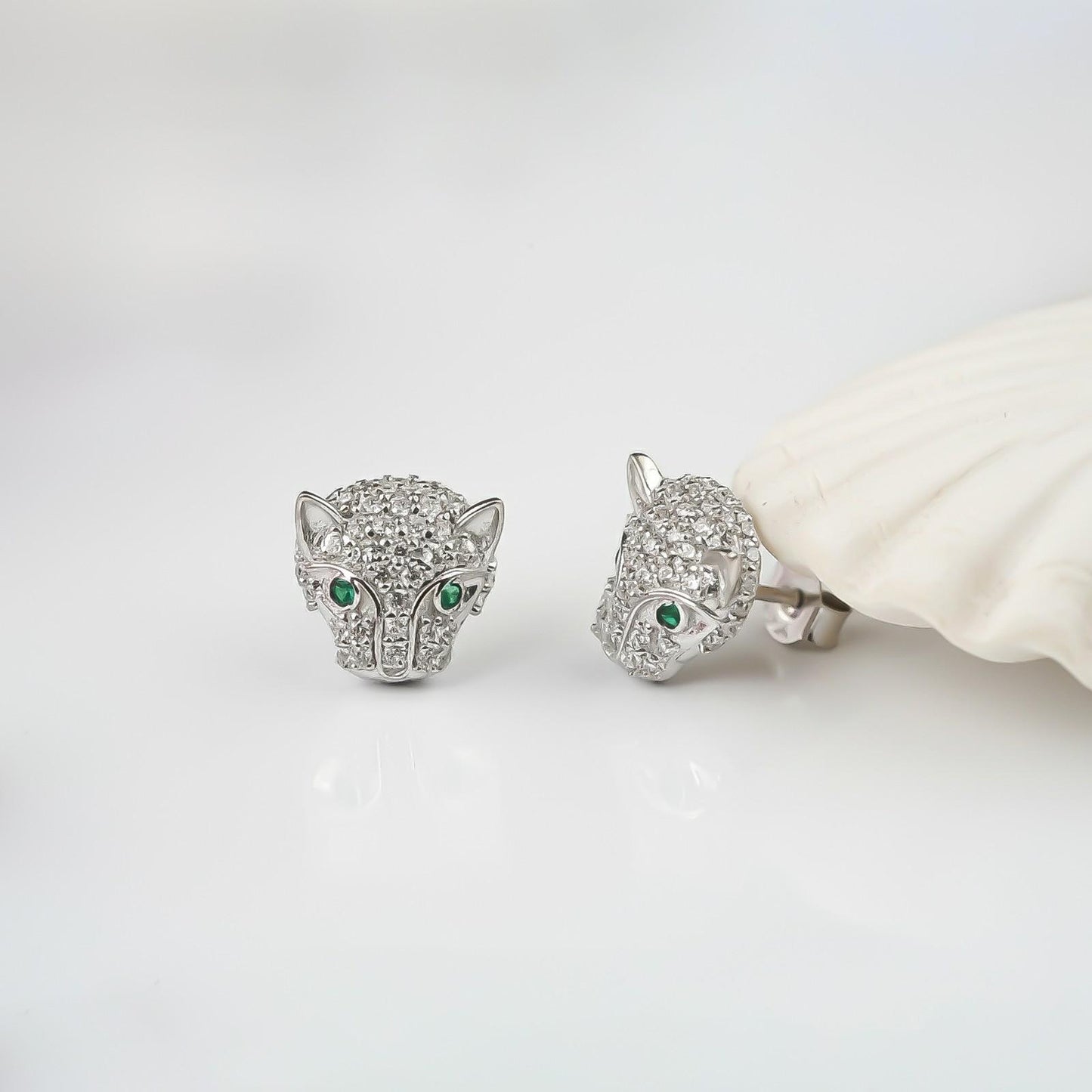 Silver Green Panther Stud Earrings