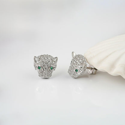 Silver Green Panther Stud Earrings