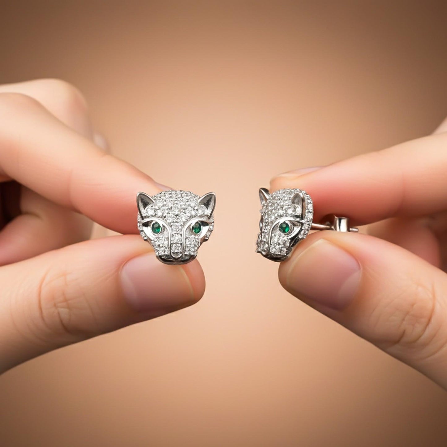 Silver Green Panther Stud Earrings