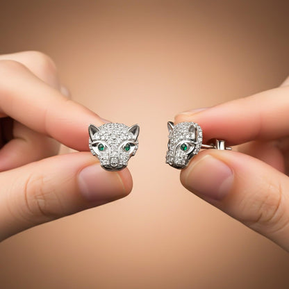 Silver Green Panther Stud Earrings