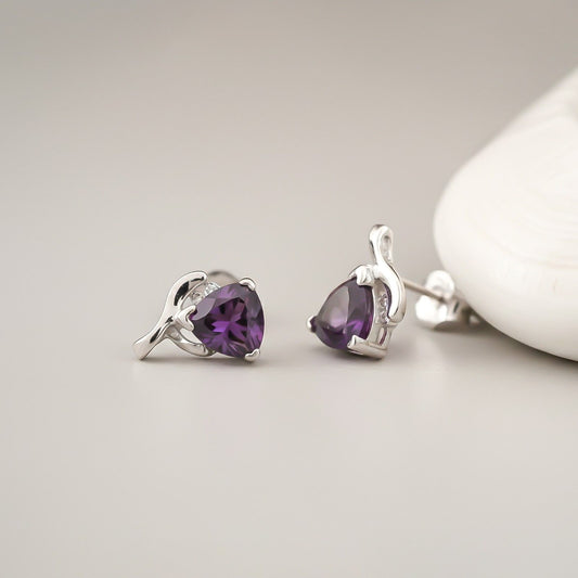 Silver Purple Triangle Stud Earrings