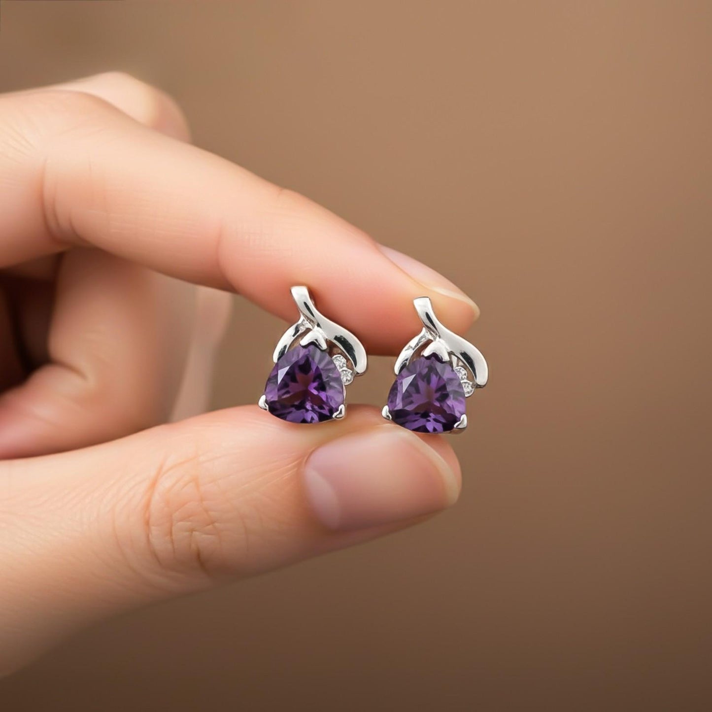 Silver Purple Triangle Stud Earrings