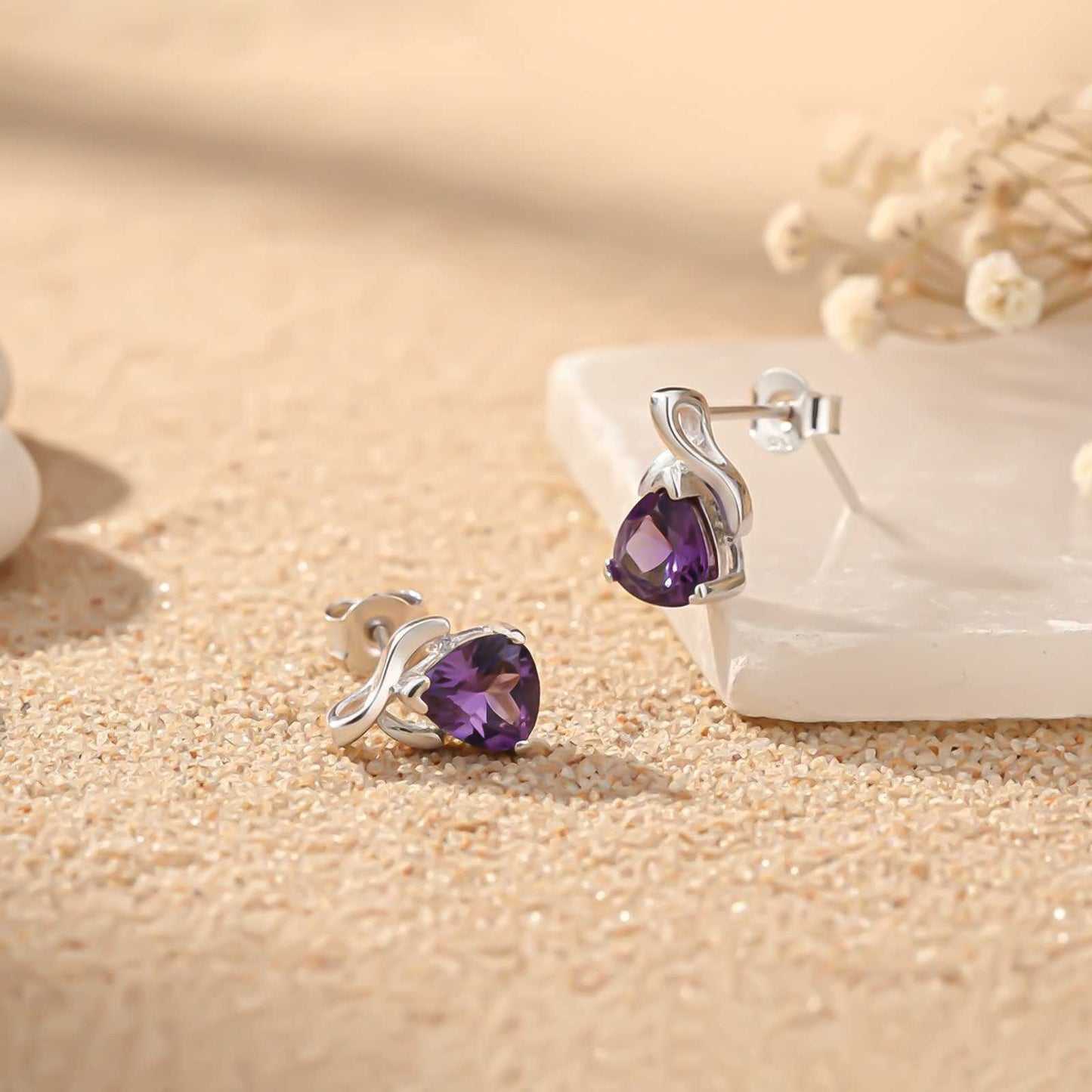 Silver Purple Triangle Stud Earrings