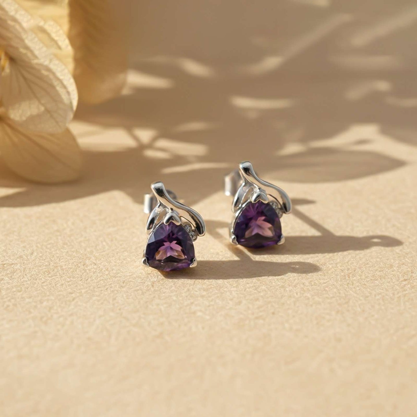 Silver Purple Triangle Stud Earrings