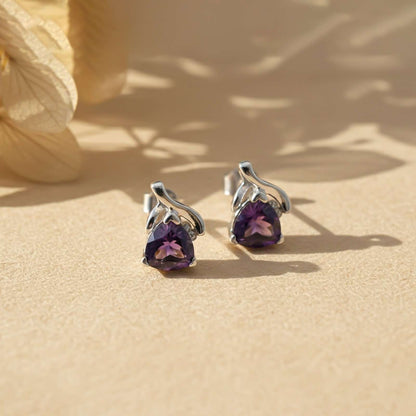 Silver Purple Triangle Stud Earrings