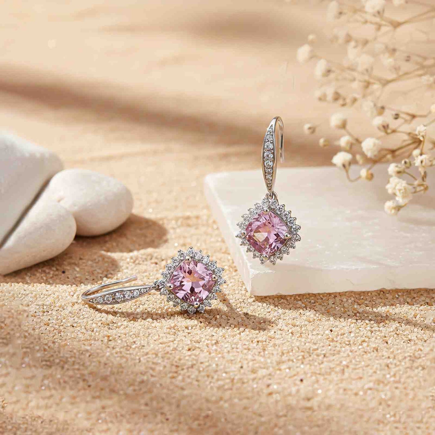 Silver Pink Shiny Drop Earrings