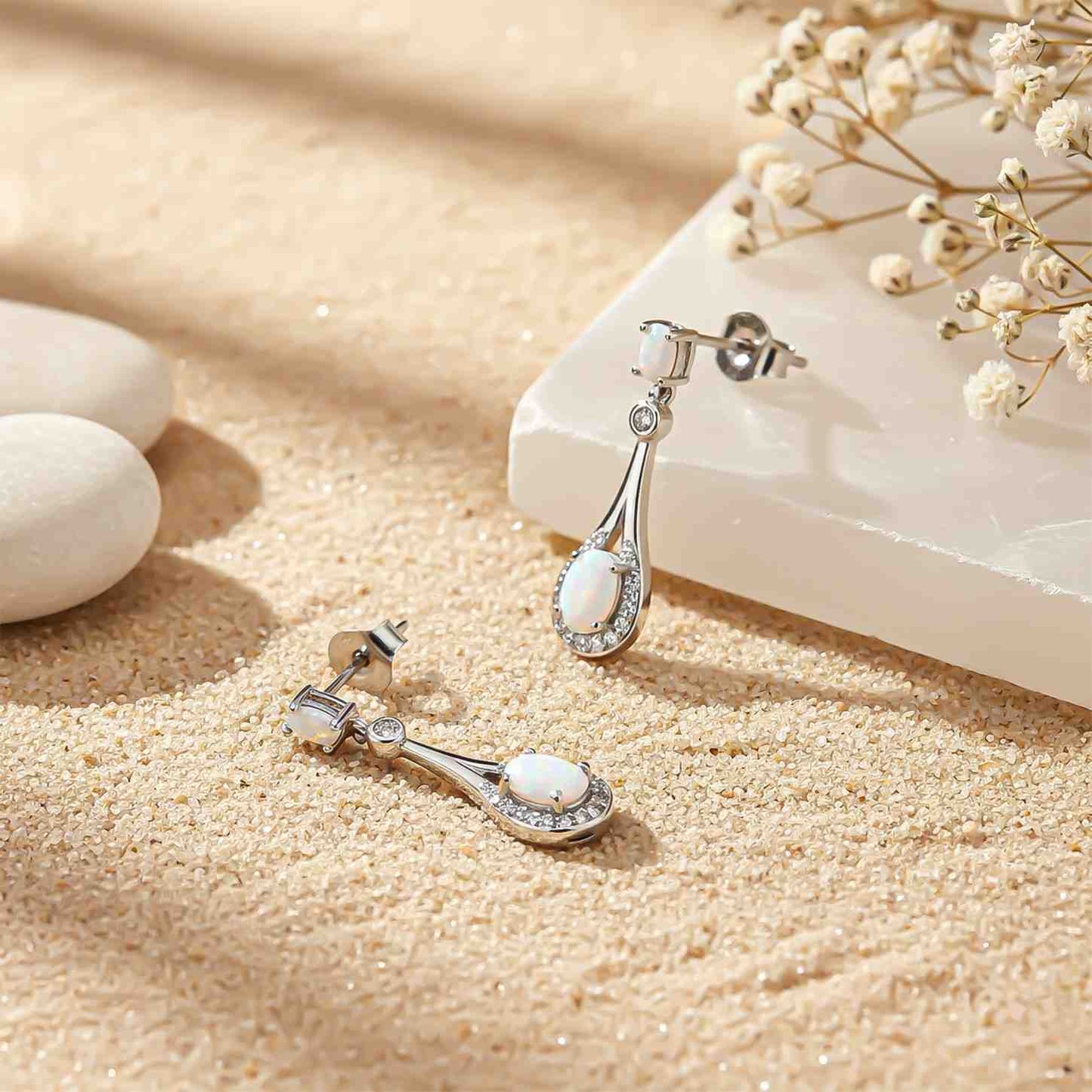 Silver Teardrop Opal Earrings