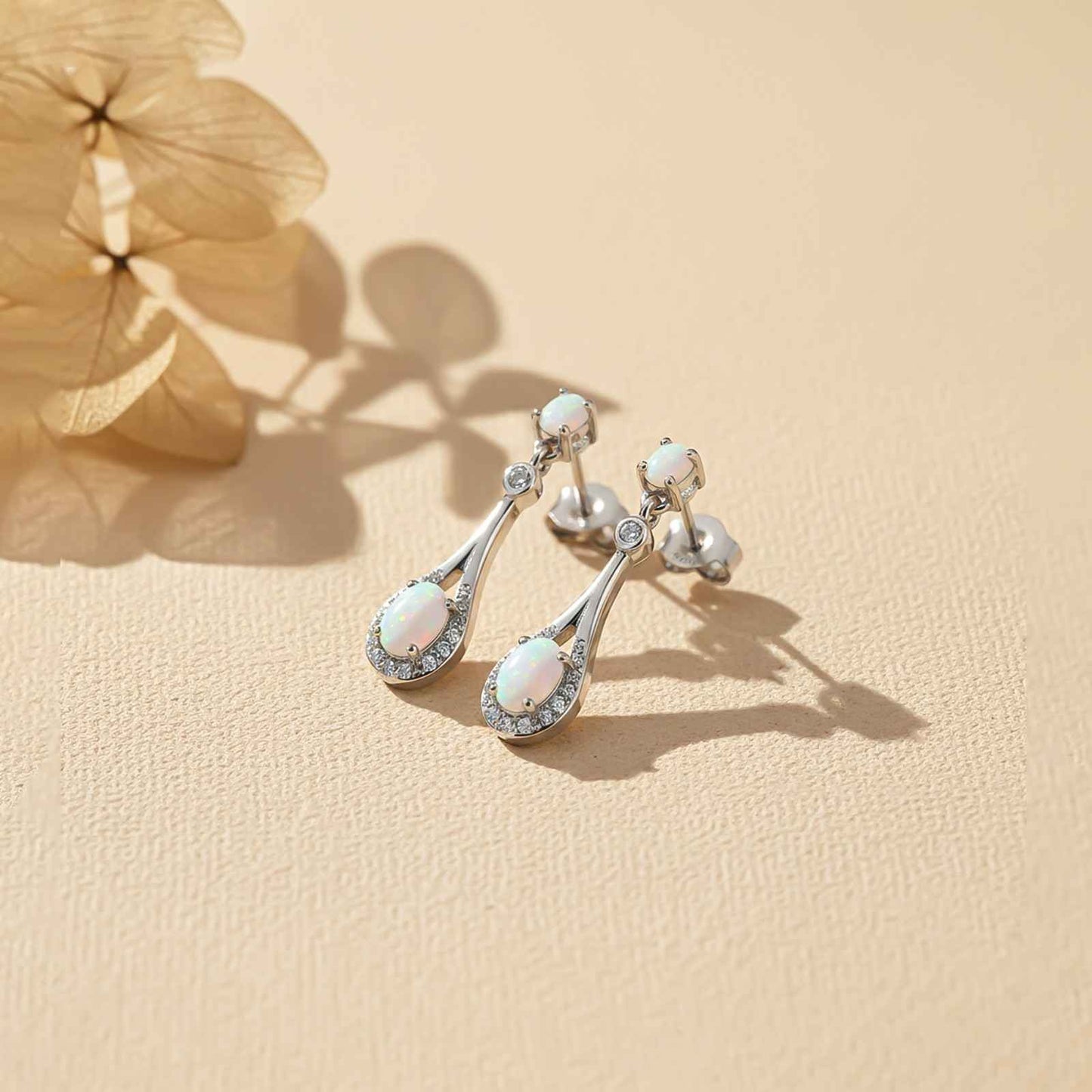 Silver Teardrop Opal Earrings